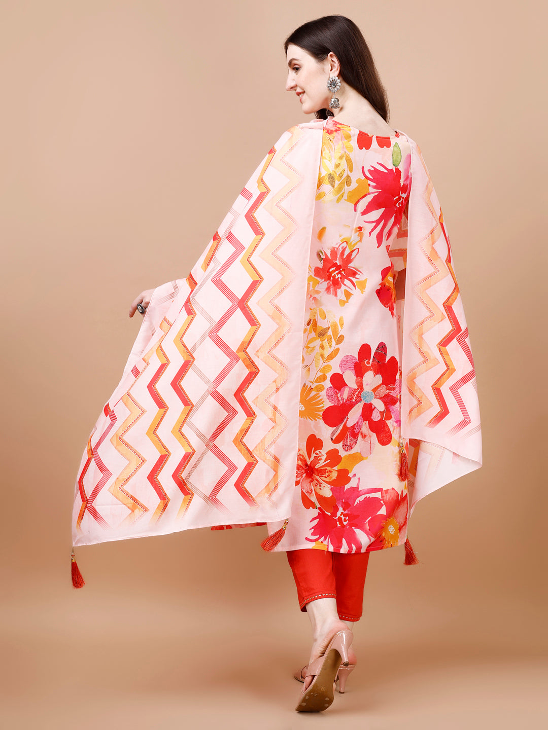 Hand Embroidered Floral Printed Muslin Kurta With Pant & Dupatta, Multicolor - Hiral Fashion | Grocsy