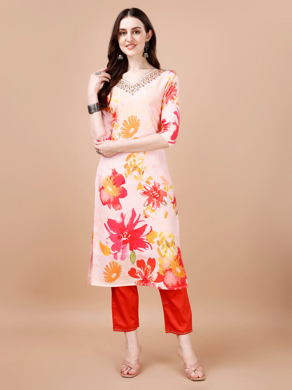 Hand Embroidered Floral Printed Muslin Kurta With Pant & Dupatta, Multicolor - Hiral Fashion | Grocsy