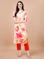 Hand Embroidered Floral Printed Muslin Kurta With Pant & Dupatta, Multicolor - Hiral Fashion | Grocsy