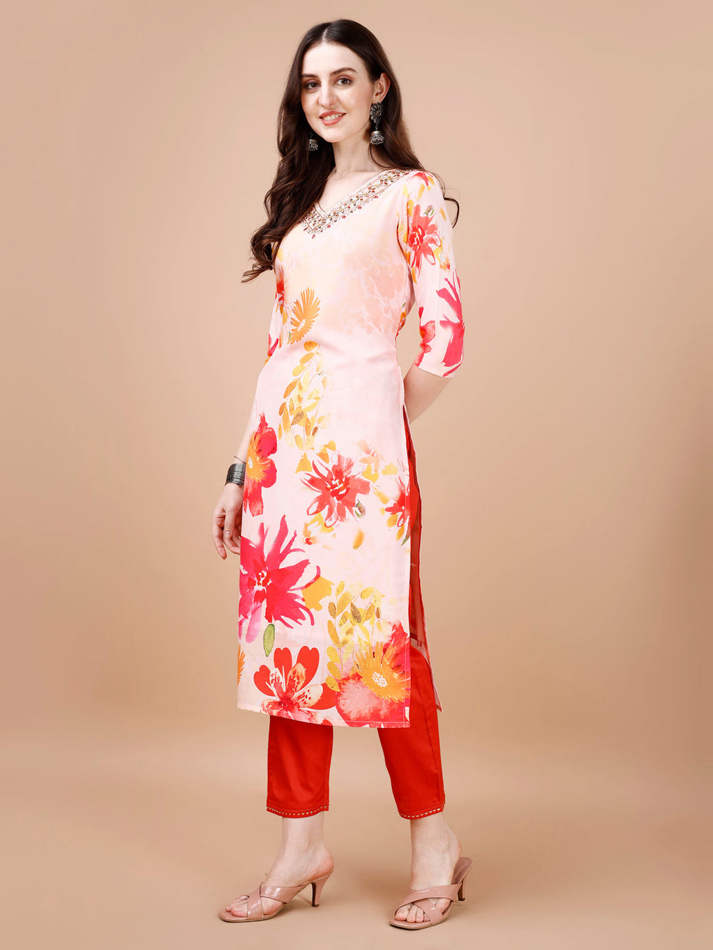 Hand Embroidered Floral Printed Muslin Kurta With Pant & Dupatta, Multicolor - Hiral Fashion | Grocsy
