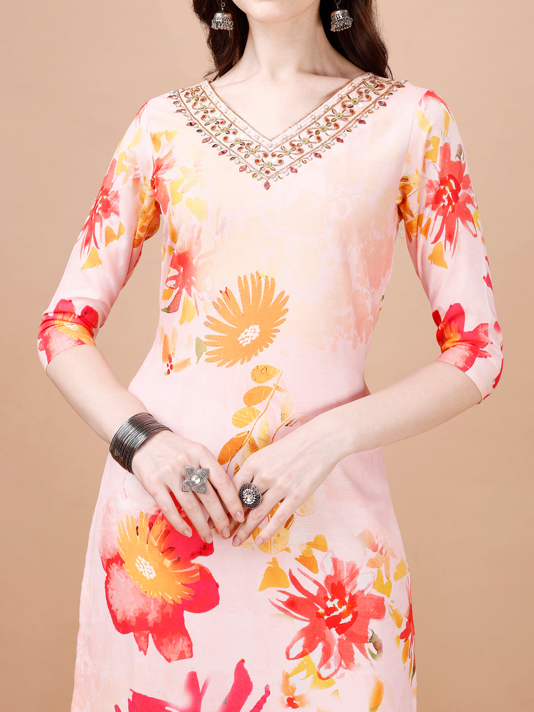 Hand Embroidered Floral Printed Muslin Kurta With Pant & Dupatta, Multicolor - Hiral Fashion | Grocsy