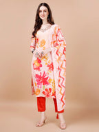 Hand Embroidered Floral Printed Muslin Kurta With Pant & Dupatta, Multicolor - Hiral Fashion | Grocsy