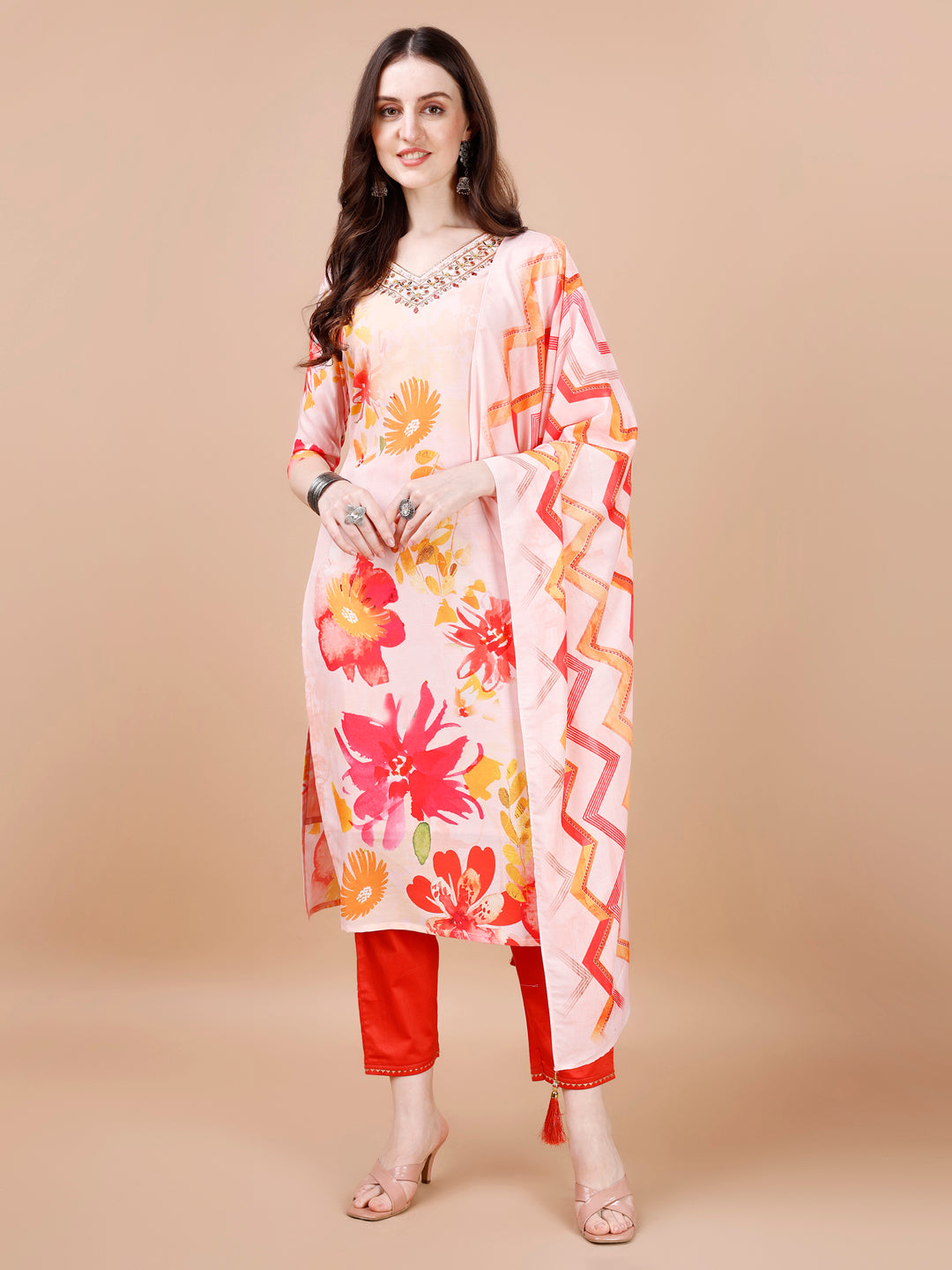 Hand Embroidered Floral Printed Muslin Kurta With Pant & Dupatta, Multicolor - Hiral Fashion | Grocsy