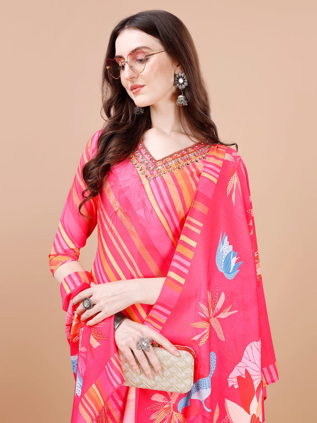 Hand Embroidered Stripes Printed Muslin Kurta With Pant & Dupatta, Multicolor - Hiral Fashion | Grocsy
