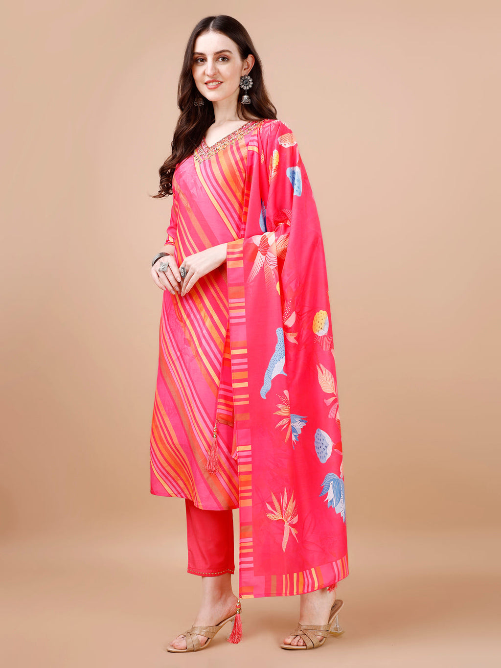 Hand Embroidered Stripes Printed Muslin Kurta With Pant & Dupatta, Multicolor - Hiral Fashion | Grocsy