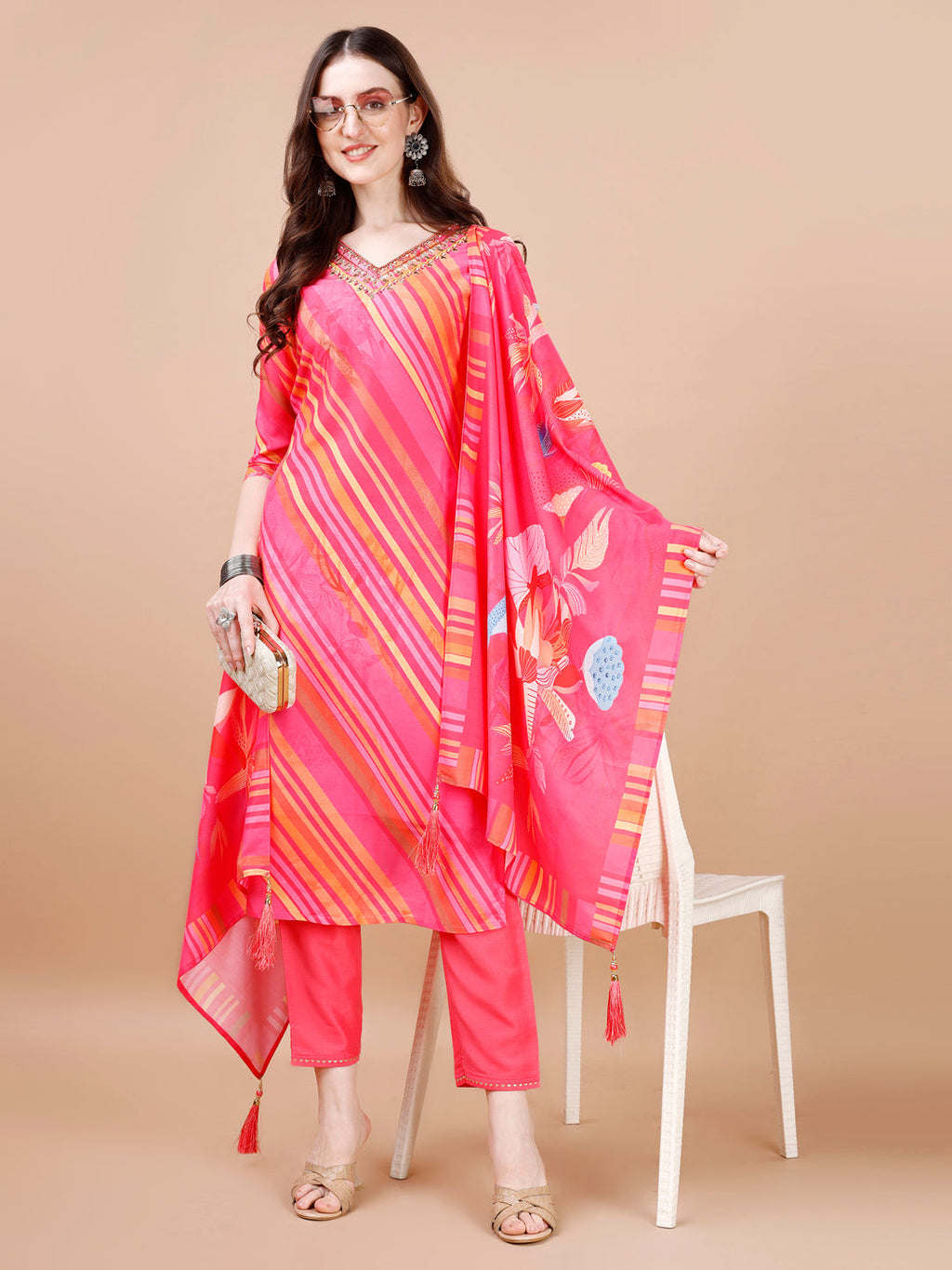 Hand Embroidered Stripes Printed Muslin Kurta With Pant & Dupatta, Multicolor - Hiral Fashion | Grocsy