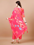 Hand Embroidered Stripes Printed Muslin Kurta With Pant & Dupatta, Multicolor - Hiral Fashion | Grocsy