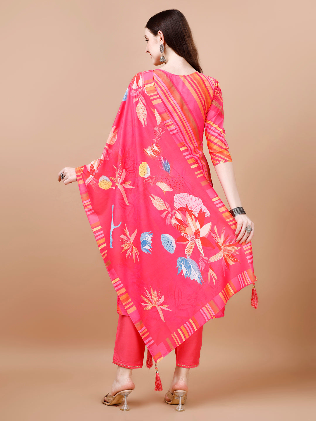 Hand Embroidered Stripes Printed Muslin Kurta With Pant & Dupatta, Multicolor - Hiral Fashion | Grocsy
