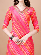 Hand Embroidered Stripes Printed Muslin Kurta With Pant & Dupatta, Multicolor - Hiral Fashion | Grocsy