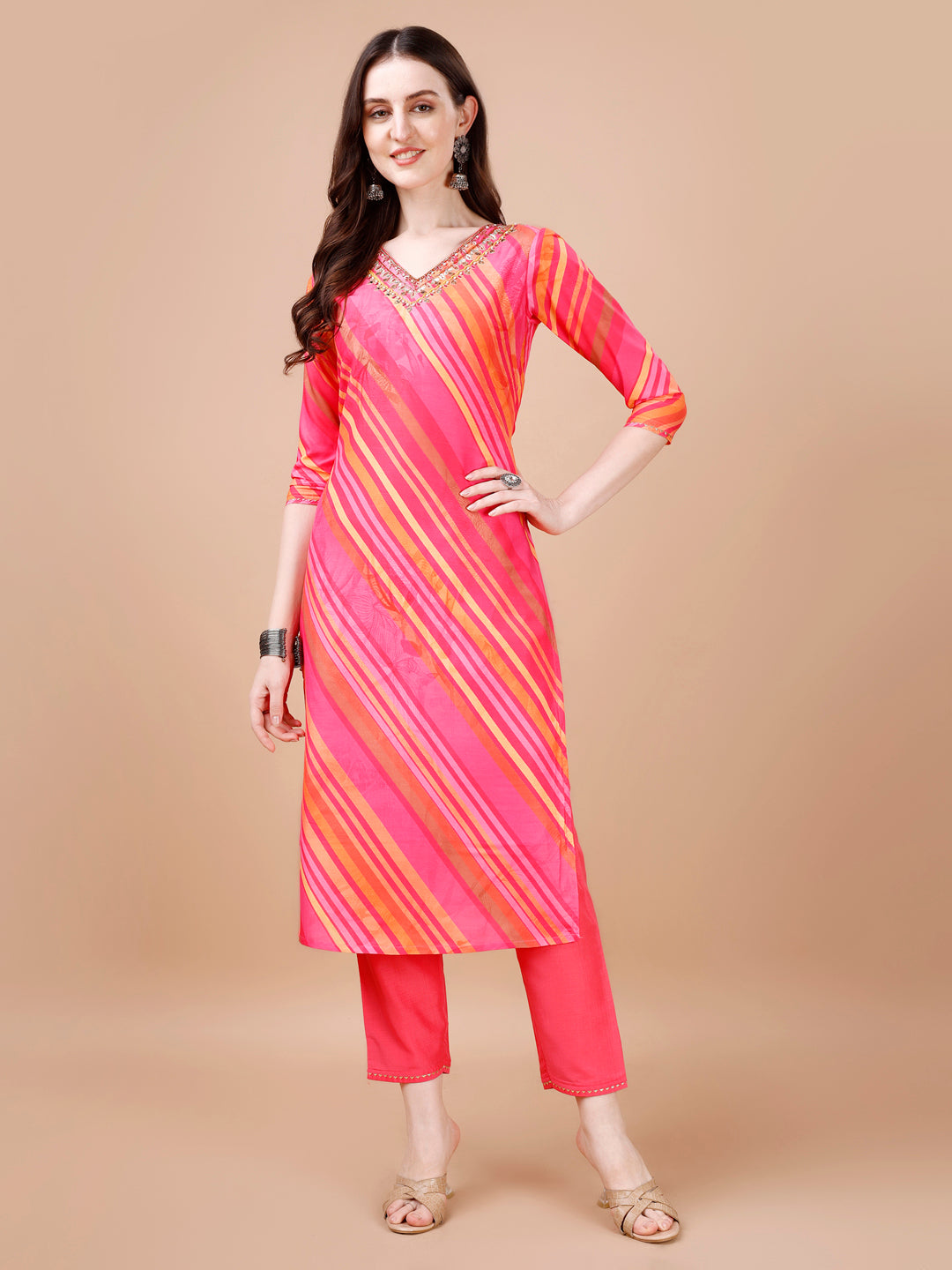 Hand Embroidered Stripes Printed Muslin Kurta With Pant & Dupatta, Multicolor - Hiral Fashion | Grocsy