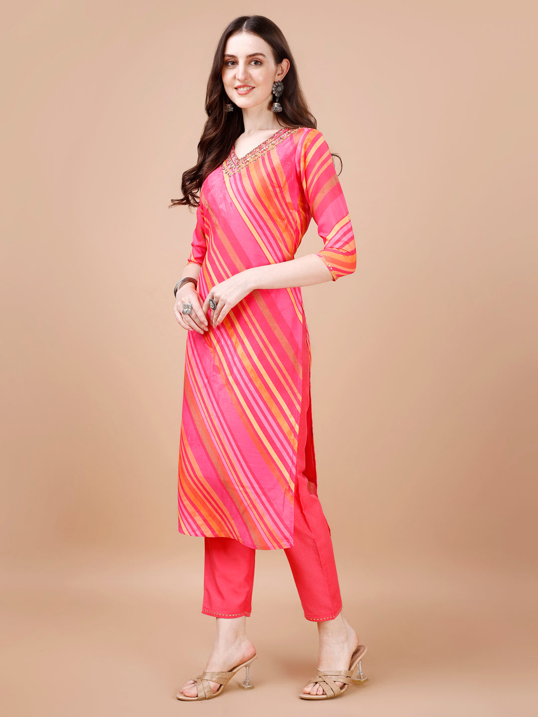 Hand Embroidered Stripes Printed Muslin Kurta With Pant & Dupatta, Multicolor - Hiral Fashion | Grocsy