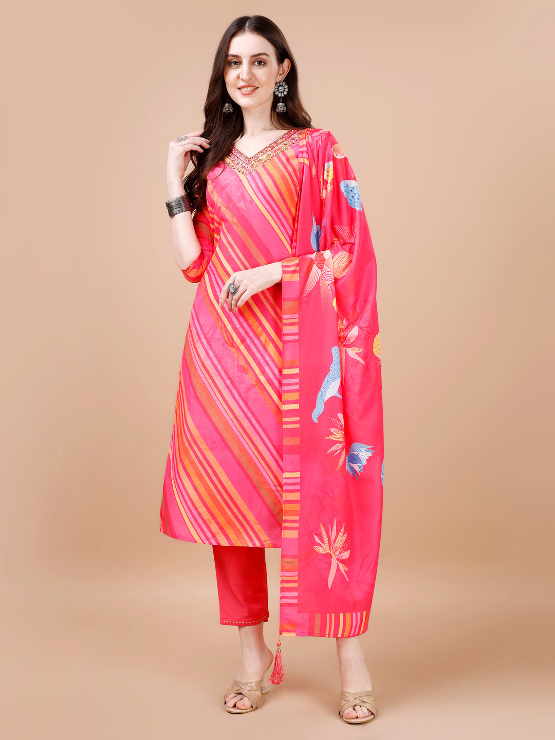 Hand Embroidered Stripes Printed Muslin Kurta With Pant & Dupatta, Multicolor - Hiral Fashion | Grocsy