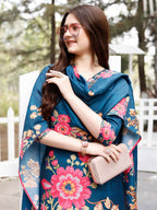 Hand Embroidered Floral Printed Muslin Kurta With Pant & Dupatta, Multicolor - Hiral Fashion | Grocsy