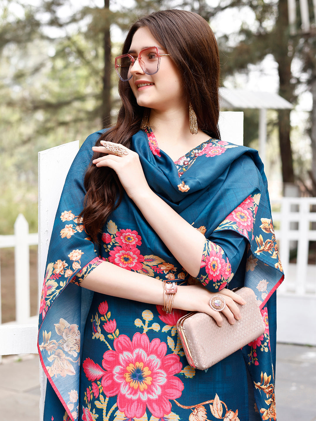 Hand Embroidered Floral Printed Muslin Kurta With Pant & Dupatta, Multicolor - Hiral Fashion | Grocsy
