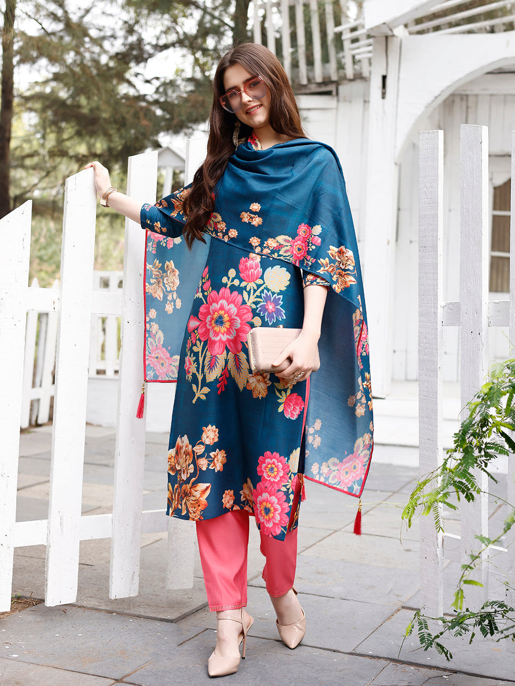 Hand Embroidered Floral Printed Muslin Kurta With Pant & Dupatta, Multicolor - Hiral Fashion | Grocsy