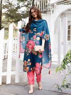 Hand Embroidered Floral Printed Muslin Kurta With Pant & Dupatta, Multicolor - Hiral Fashion | Grocsy