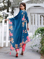 Hand Embroidered Floral Printed Muslin Kurta With Pant & Dupatta, Multicolor - Hiral Fashion | Grocsy