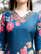 Hand Embroidered Floral Printed Muslin Kurta With Pant & Dupatta, Multicolor - Hiral Fashion | Grocsy