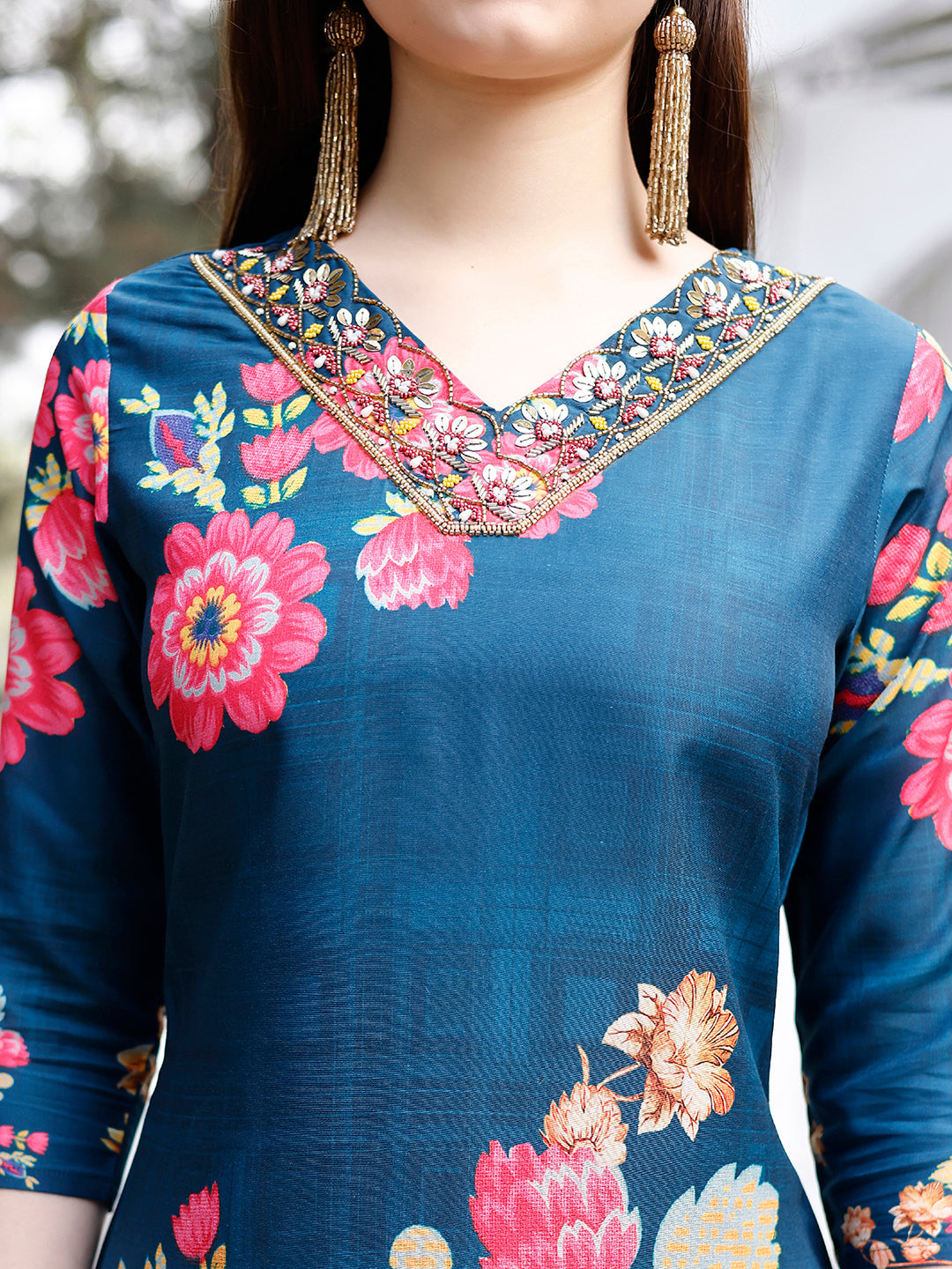 Hand Embroidered Floral Printed Muslin Kurta With Pant & Dupatta, Multicolor - Hiral Fashion | Grocsy