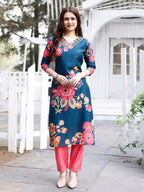 Hand Embroidered Floral Printed Muslin Kurta With Pant & Dupatta, Multicolor - Hiral Fashion | Grocsy