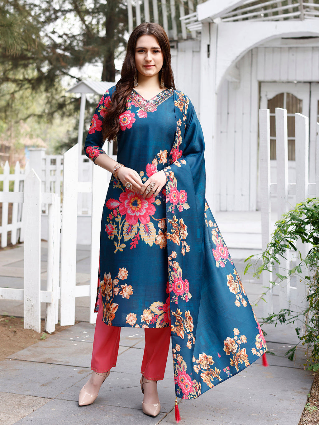 Hand Embroidered Floral Printed Muslin Kurta With Pant & Dupatta, Multicolor - Hiral Fashion | Grocsy