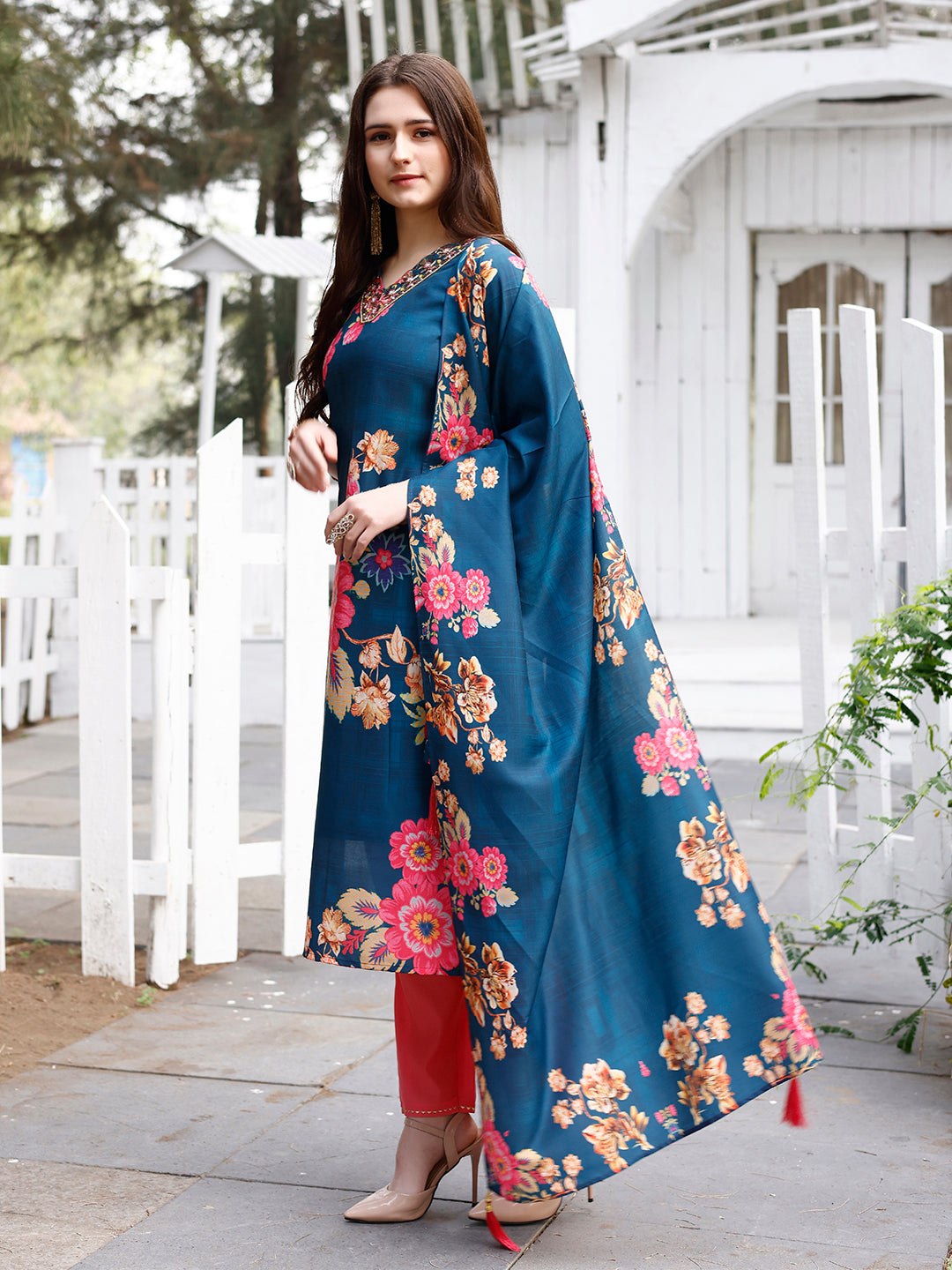 Hand Embroidered Floral Printed Muslin Kurta With Pant & Dupatta, Multicolor - Hiral Fashion | Grocsy