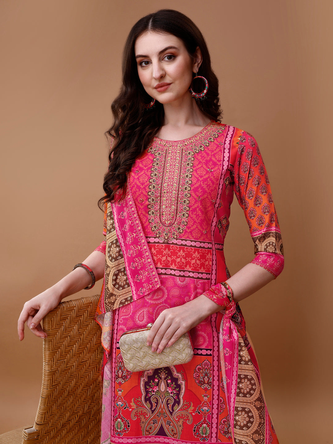 Printed Cotton Kurta With Pant & Dupatta, Pink - Hiral Fashion | Grocsy
