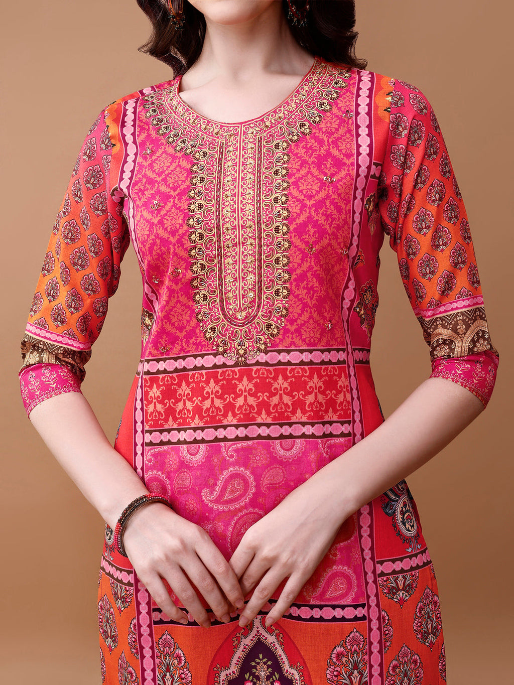 Printed Cotton Kurta With Pant & Dupatta, Pink - Hiral Fashion | Grocsy