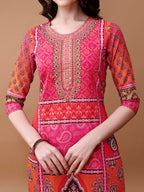 Printed Cotton Kurta With Pant & Dupatta, Pink - Hiral Fashion | Grocsy