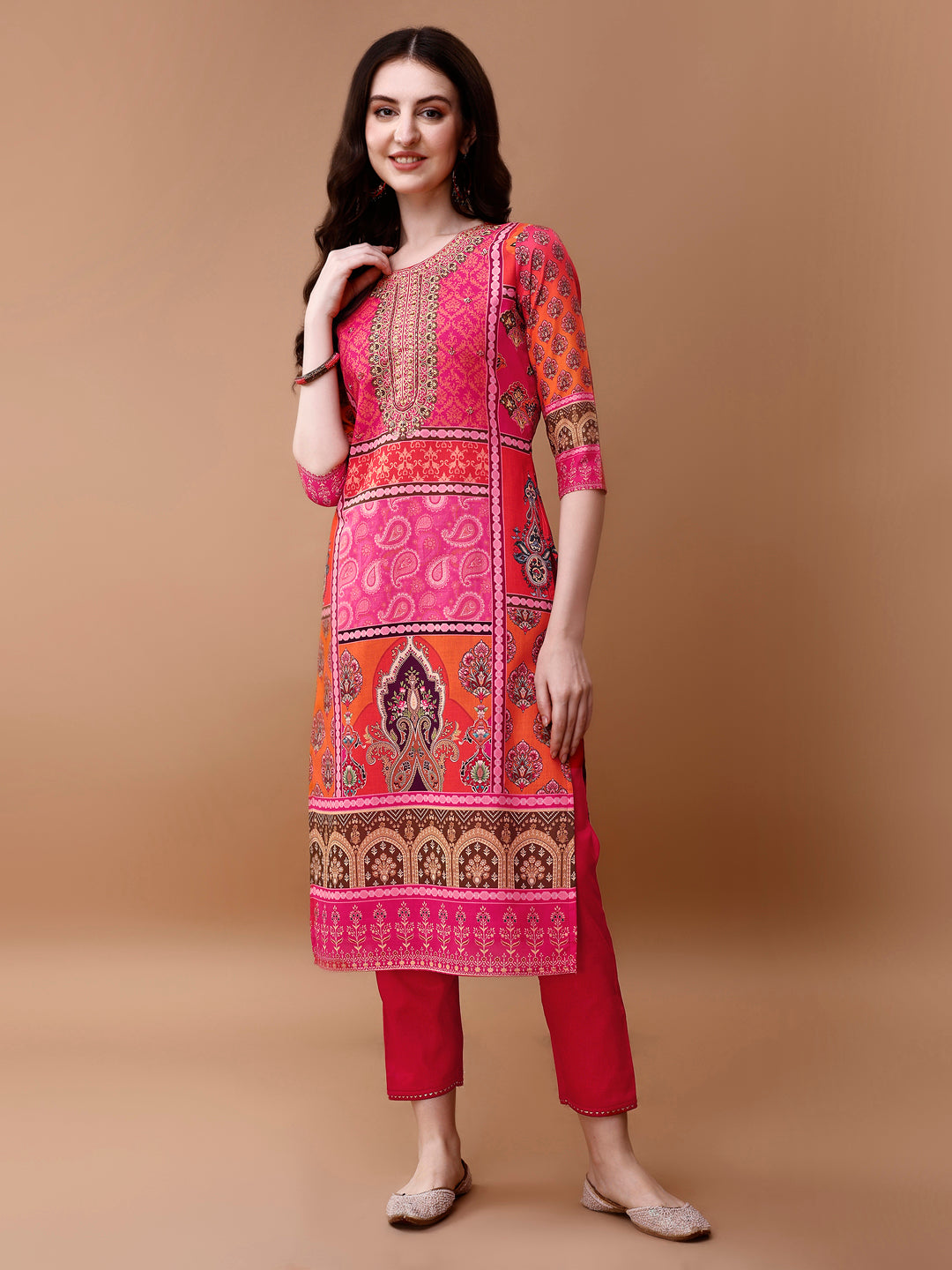 Printed Cotton Kurta With Pant & Dupatta, Pink - Hiral Fashion | Grocsy
