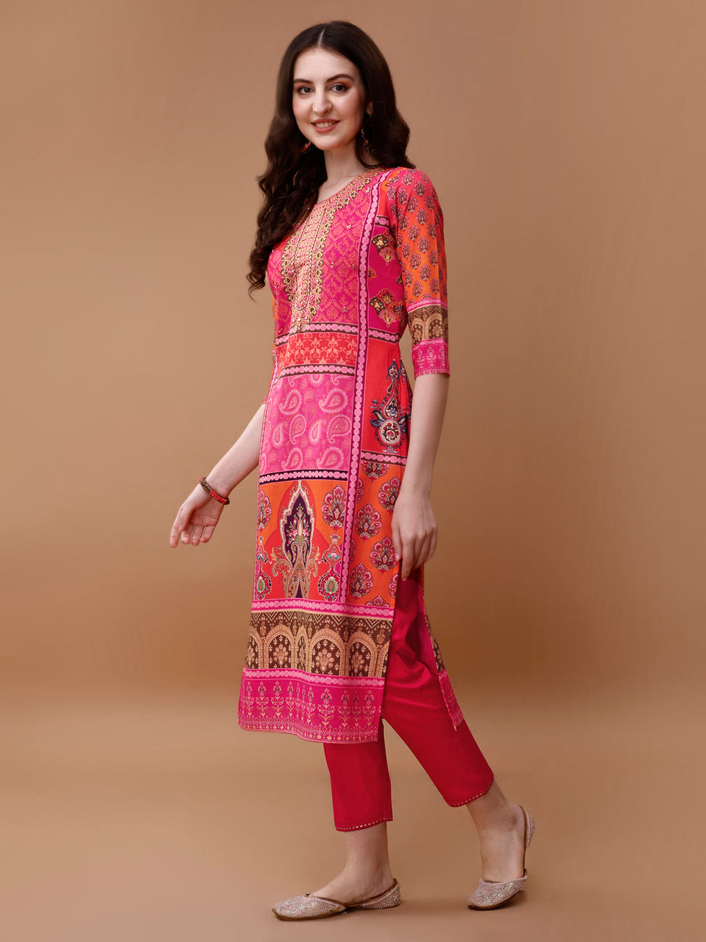 Printed Cotton Kurta With Pant & Dupatta, Pink - Hiral Fashion | Grocsy