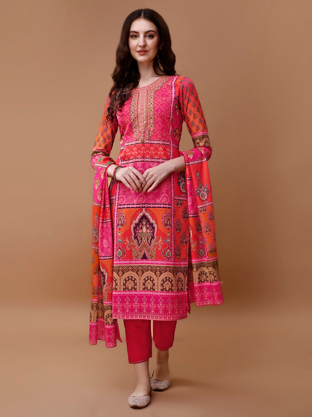 Printed Cotton Kurta With Pant & Dupatta, Pink - Hiral Fashion | Grocsy