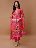 Printed Cotton Kurta With Pant & Dupatta, Pink - Hiral Fashion | Grocsy