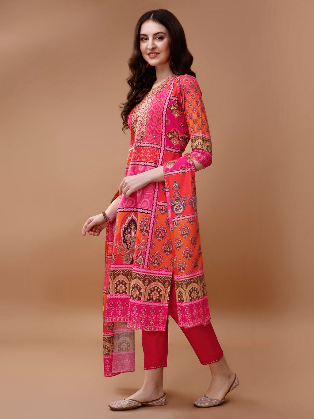 Printed Cotton Kurta With Pant & Dupatta, Pink - Hiral Fashion | Grocsy