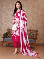 Hand Embroidered & Floral Printed Pure Silk Kurta With Pant & Dupatta, Pink - Hiral Fashion | Grocsy