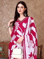 Hand Embroidered & Floral Printed Pure Silk Kurta With Pant & Dupatta, Pink - Hiral Fashion | Grocsy