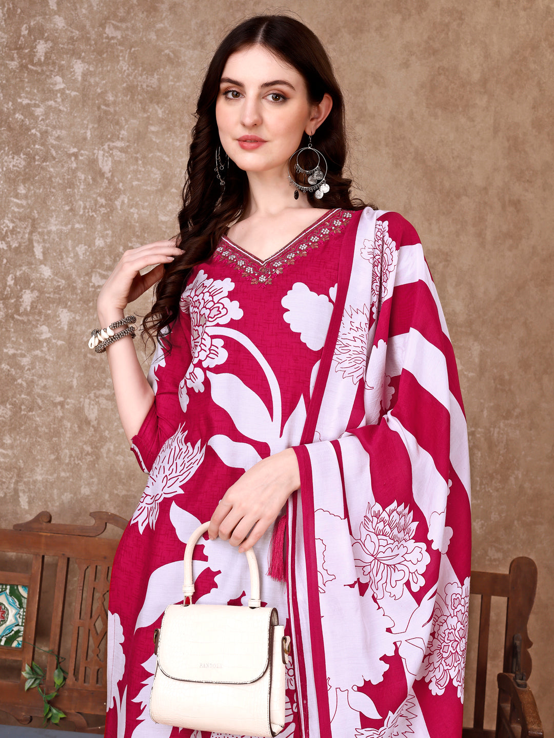 Hand Embroidered & Floral Printed Pure Silk Kurta With Pant & Dupatta, Pink - Hiral Fashion | Grocsy