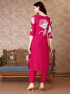 Hand Embroidered & Floral Printed Pure Silk Kurta With Pant & Dupatta, Pink - Hiral Fashion | Grocsy