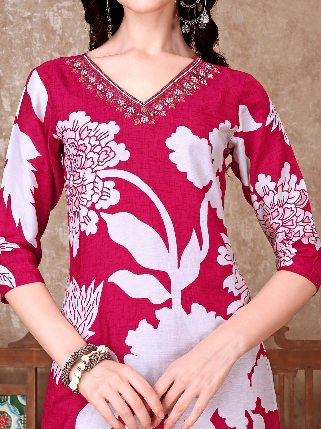Hand Embroidered & Floral Printed Pure Silk Kurta With Pant & Dupatta, Pink - Hiral Fashion | Grocsy