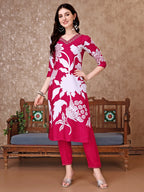 Hand Embroidered & Floral Printed Pure Silk Kurta With Pant & Dupatta, Pink - Hiral Fashion | Grocsy