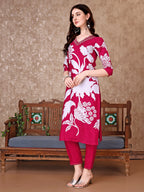 Hand Embroidered & Floral Printed Pure Silk Kurta With Pant & Dupatta, Pink - Hiral Fashion | Grocsy