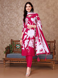 Hand Embroidered & Floral Printed Pure Silk Kurta With Pant & Dupatta, Pink - Hiral Fashion | Grocsy