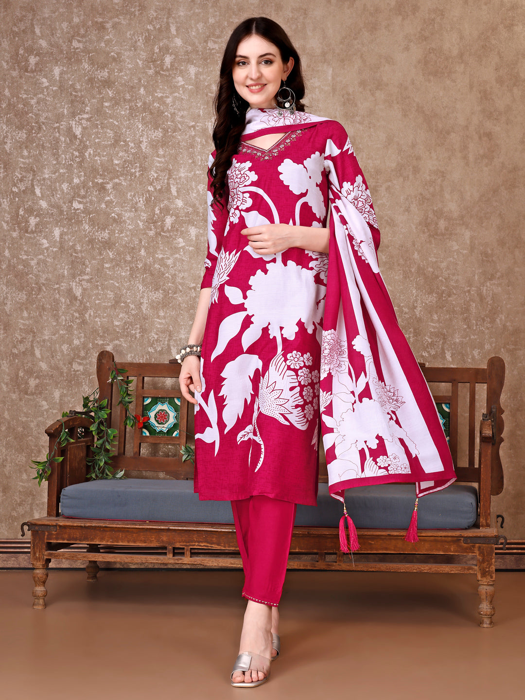 Hand Embroidered & Floral Printed Pure Silk Kurta With Pant & Dupatta, Pink - Hiral Fashion | Grocsy