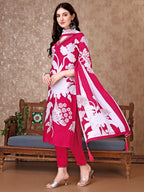 Hand Embroidered & Floral Printed Pure Silk Kurta With Pant & Dupatta, Pink - Hiral Fashion | Grocsy
