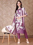 Hand Embroidered & Floral Printed Pure Silk Kurta With Pant & Dupatta, Lavender - Hiral Fashion | Grocsy