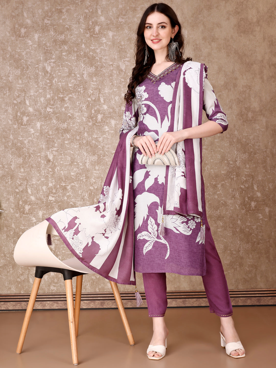 Hand Embroidered & Floral Printed Pure Silk Kurta With Pant & Dupatta, Lavender - Hiral Fashion | Grocsy