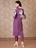 Hand Embroidered & Floral Printed Pure Silk Kurta With Pant & Dupatta, Lavender - Hiral Fashion | Grocsy