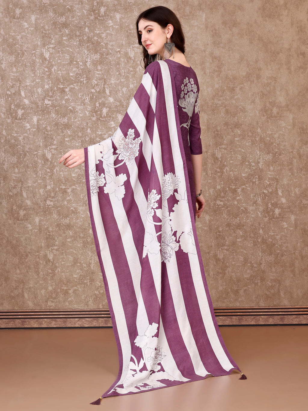 Hand Embroidered & Floral Printed Pure Silk Kurta With Pant & Dupatta, Lavender - Hiral Fashion | Grocsy
