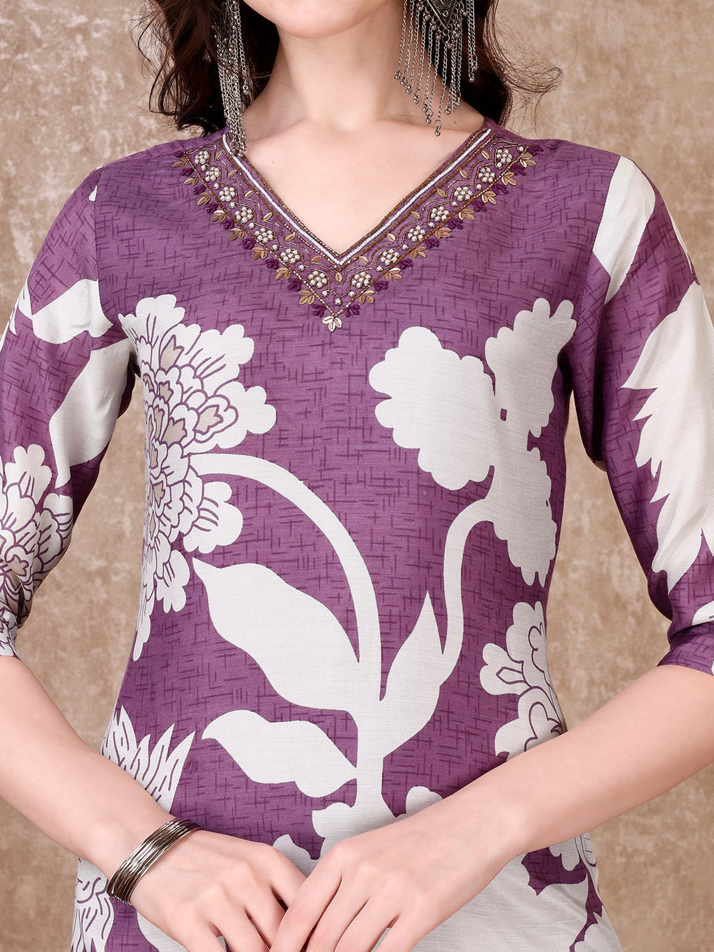 Hand Embroidered & Floral Printed Pure Silk Kurta With Pant & Dupatta, Lavender - Hiral Fashion | Grocsy