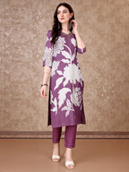 Hand Embroidered & Floral Printed Pure Silk Kurta With Pant & Dupatta, Lavender - Hiral Fashion | Grocsy
